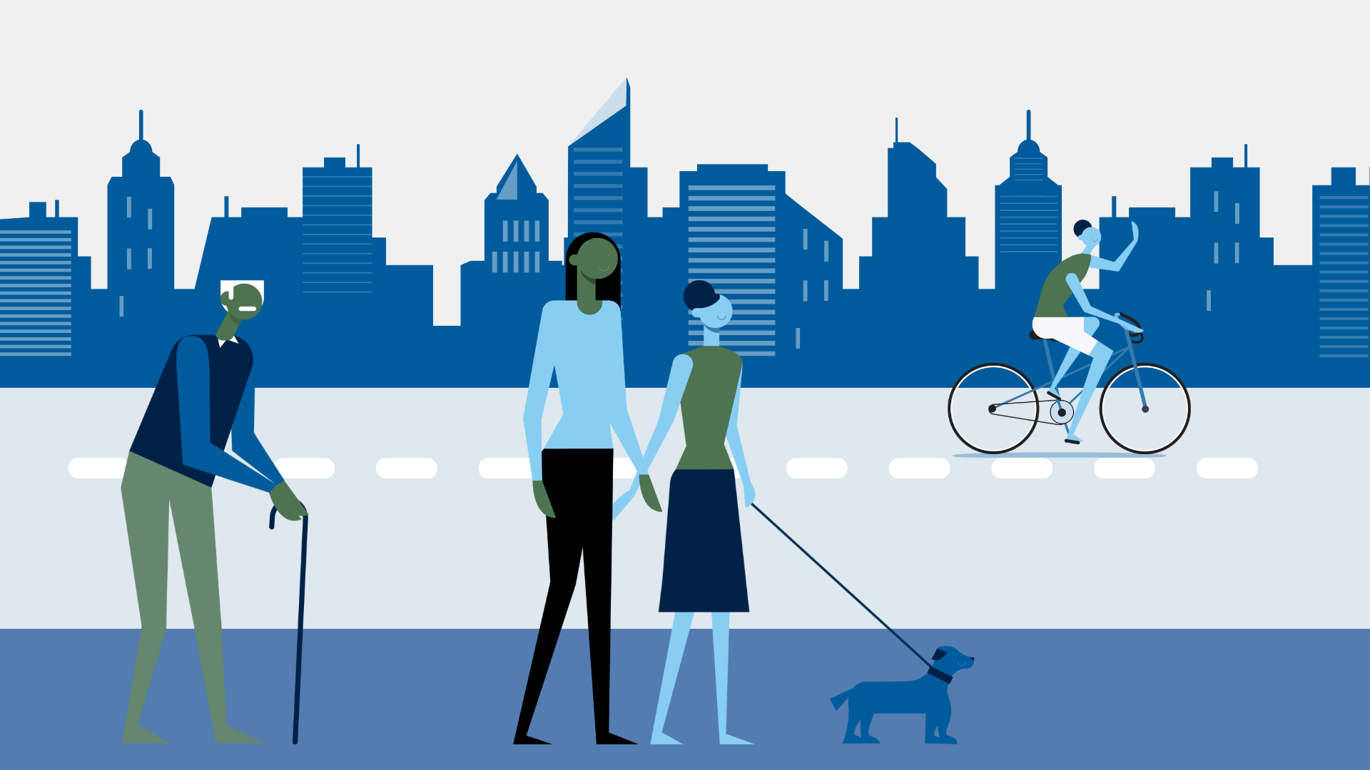 Graphic showing people walking and cycling along a road in front of a city scape
