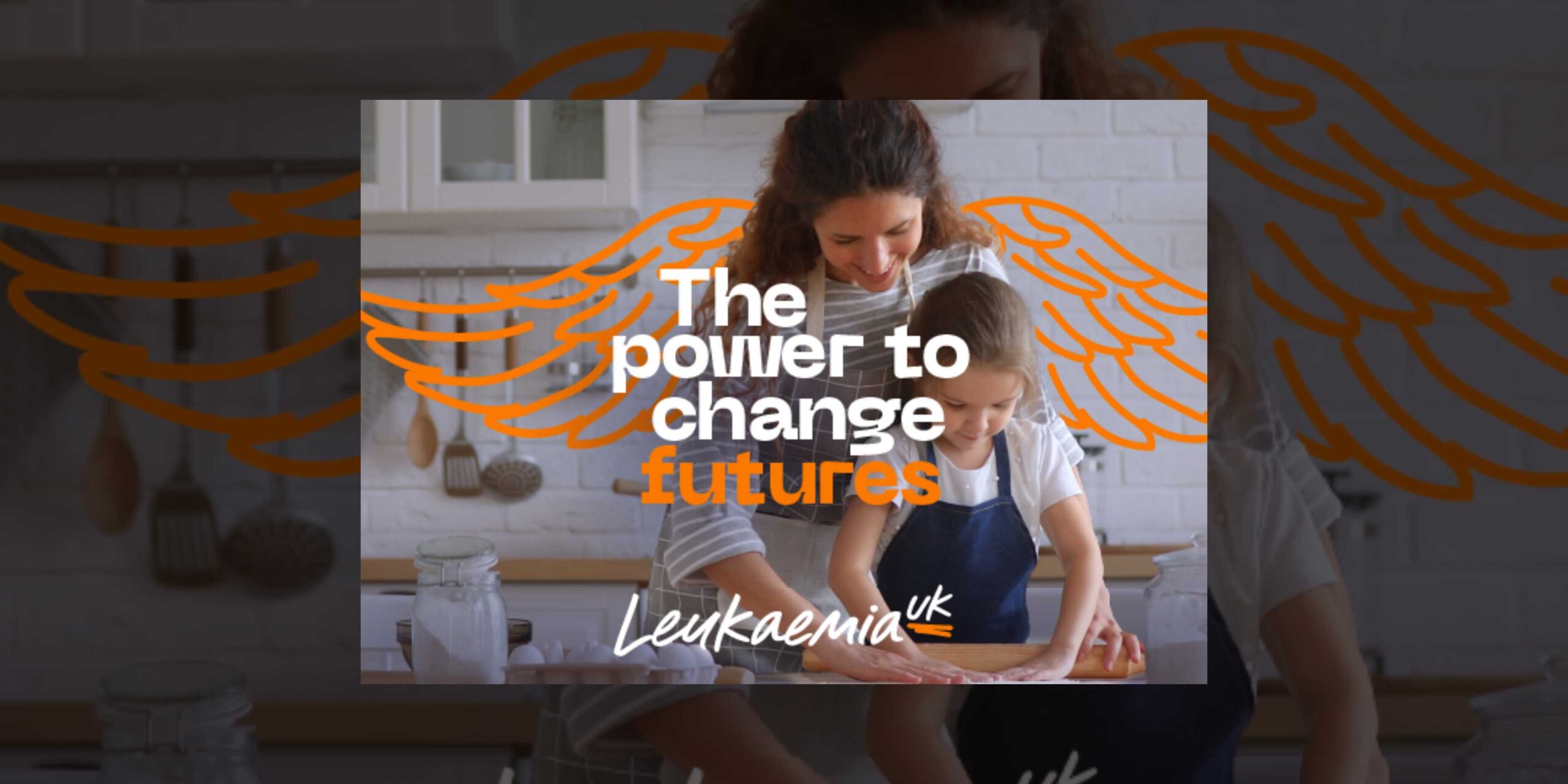 A Leukaemia branded graphic showing a woman and young girl making pastry. The mother has angel wings and the graphic includes the text 