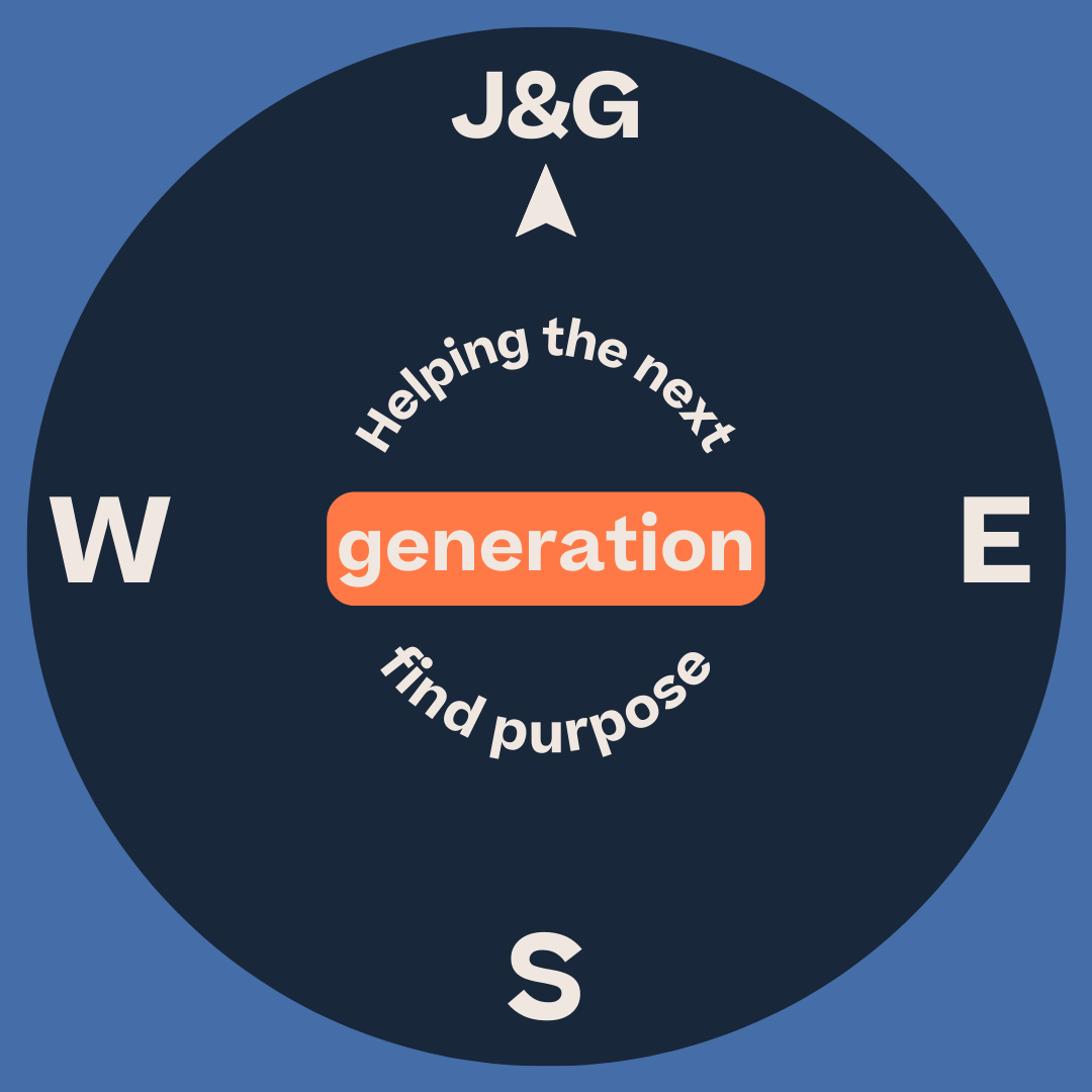 J&G branded graphic in the likeness of a compass, with the text 